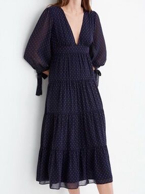 Madewell Navy Tiered V-Neck Midi Dress with Pink Clip Dots - NWOT